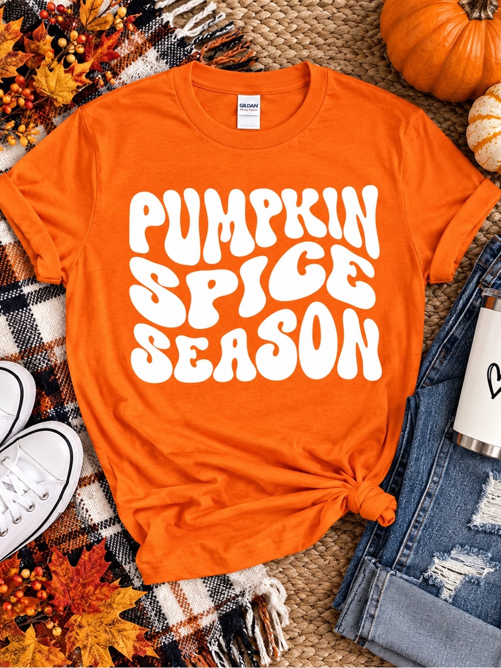 Gildan Orange Graphic Tee with White 'Pumpkin Spice Season' Print